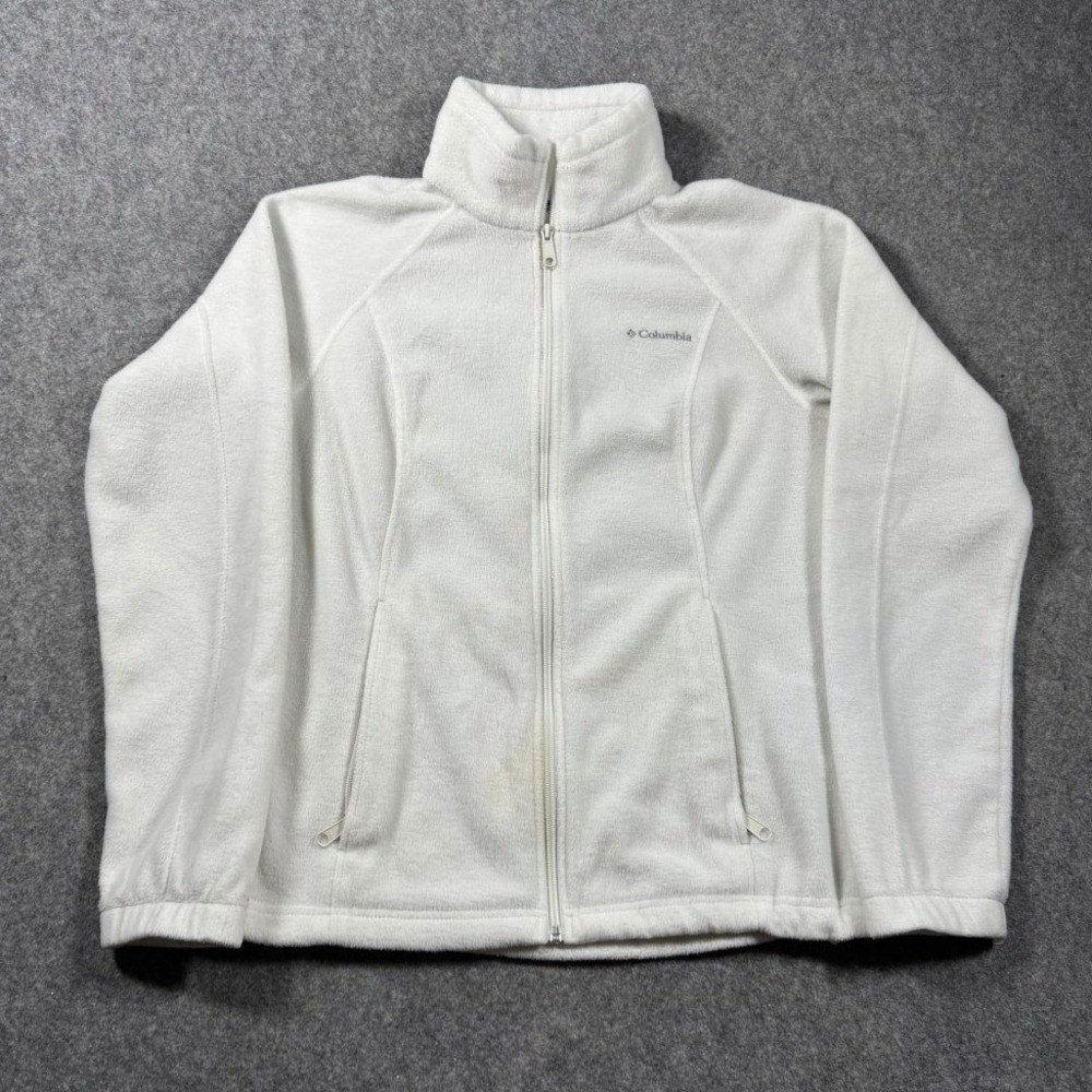 Columbia Mens Full Zip Fleece Jacket White Mock Neck Size Medium Pockets *Read*